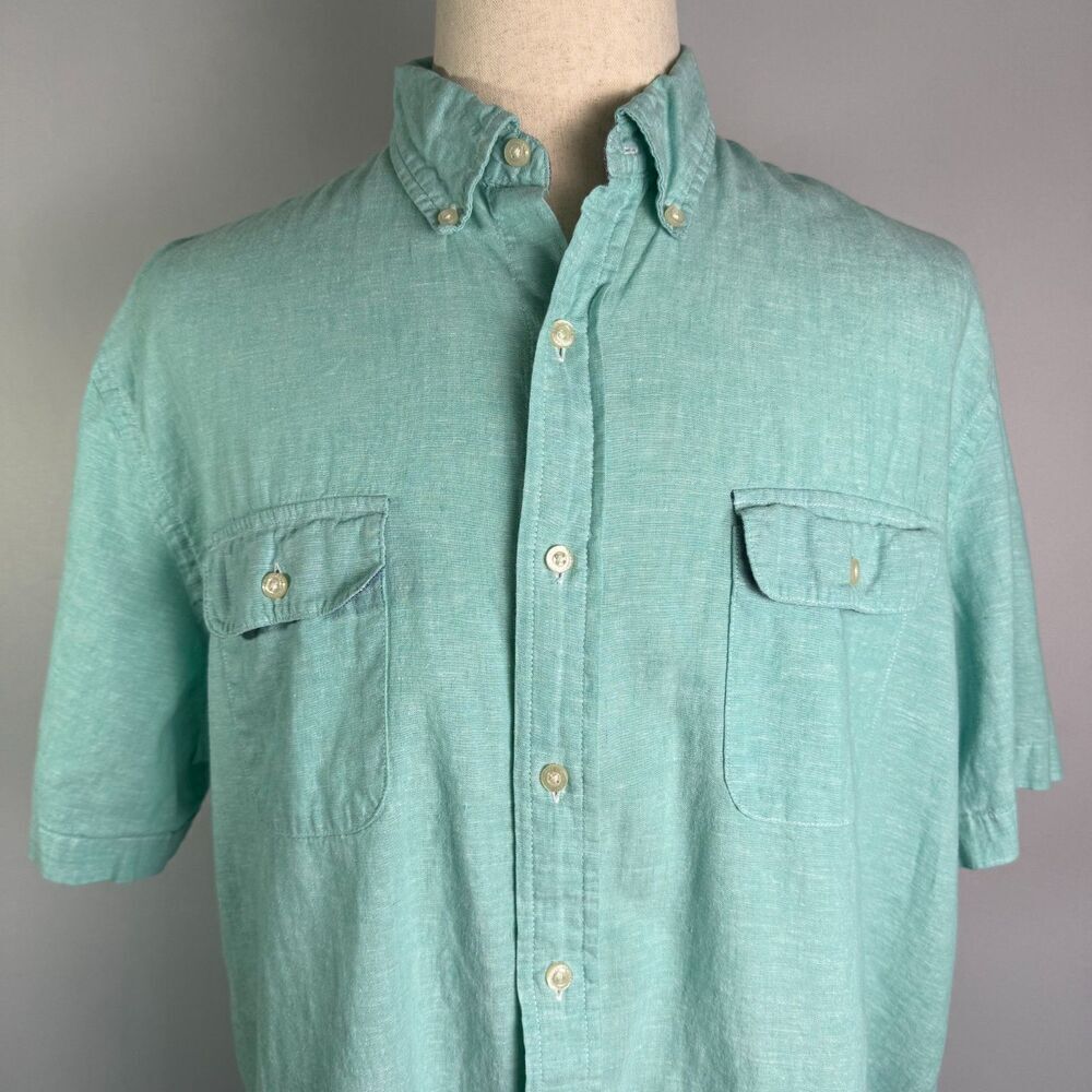 Crown & Ivy Men's Teal Button Up, Short Sleeves, Sz XL, Linen Cotton Blend